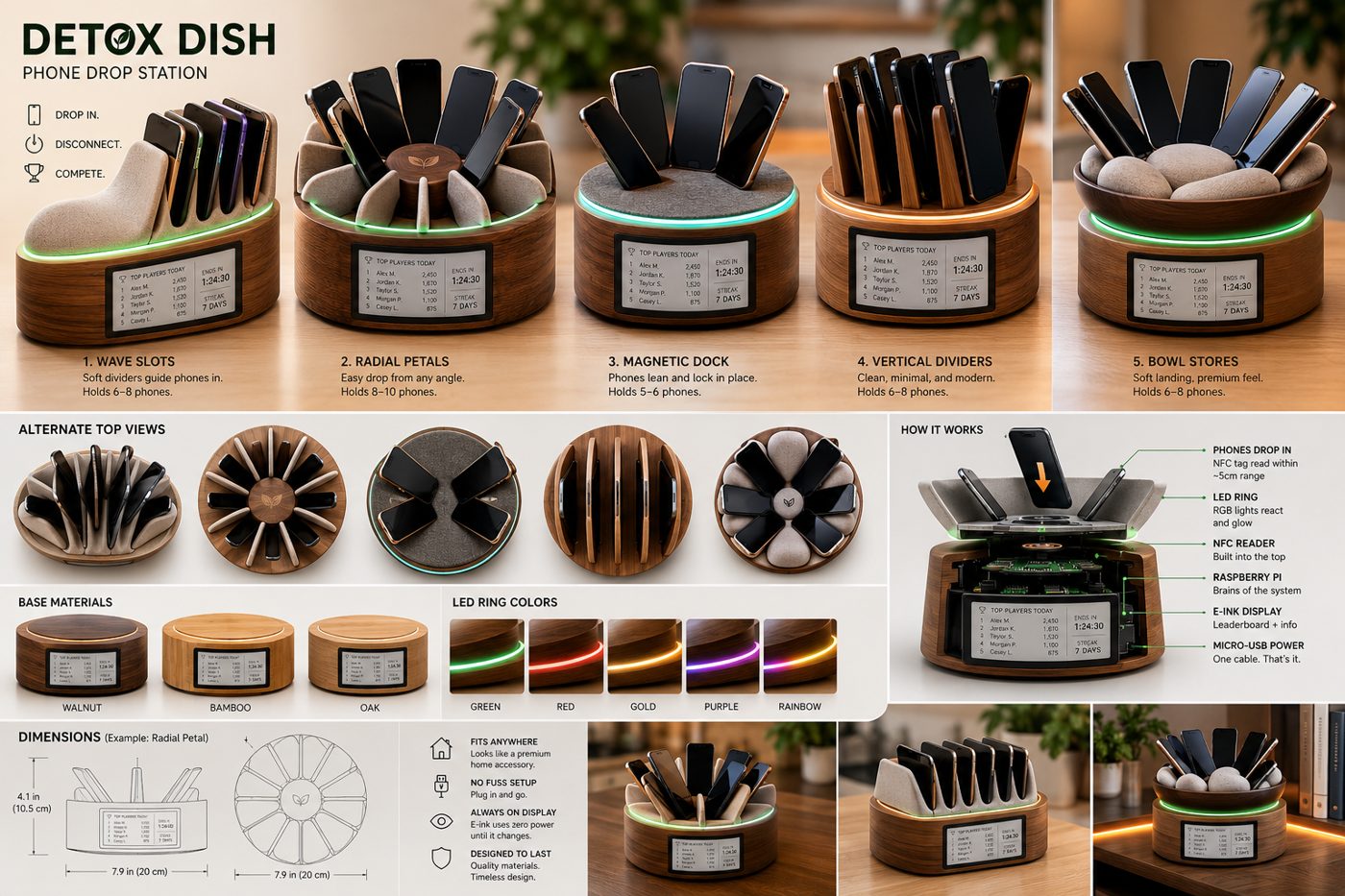 Five ways I could hold phones: wave slots, radial petals, a magnetic dock, vertical dividers, and a bowl with stones.